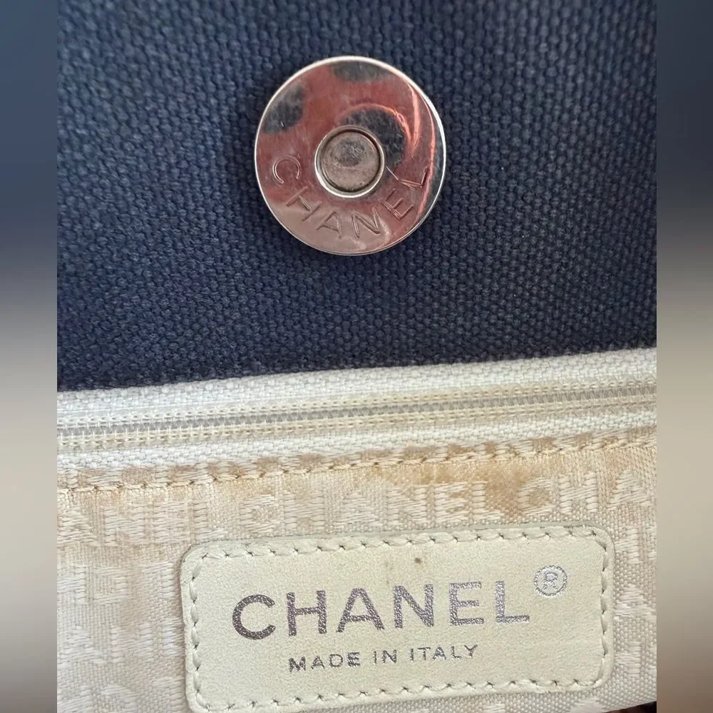 CHANEL Navy Quilted Canvas Shoulder Tote with Gold Chain Handles